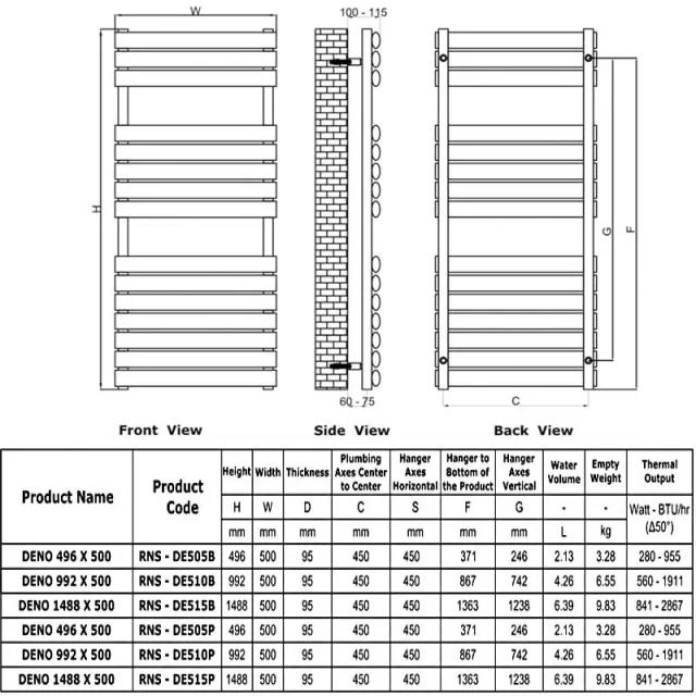 Reina Deno 500X1488 Polished Stainless Steel Towel Rail technical drawing - Image 4
