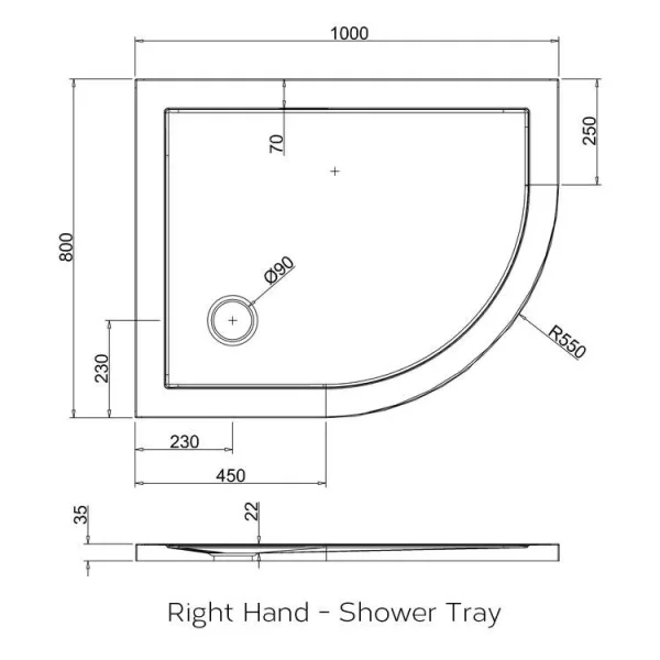 Crosswater Offset Quadrant Right Hand 35mm Acrylic Shower Tray 800 x 1000mm technical drawing - Image 4