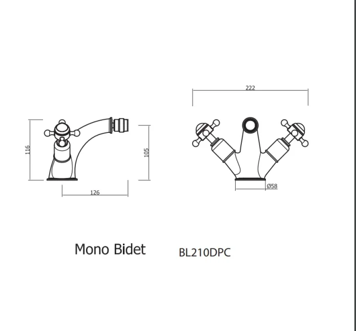 Crosswater Belgravia Traditional Crosshead Bidet Monobloc Mixer Tap with Pop Up Waste Chrome technical drawing - Image 2