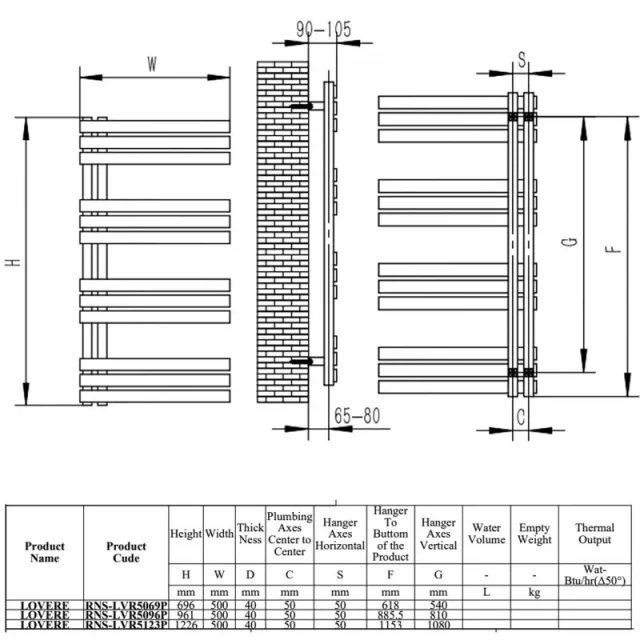 Reina Lovere Stainless Steel Radiator 500 X 960 Polished technical drawing - Image 2