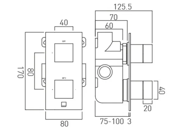 Vado Tablet Notion 1 Outlet 2 Handleconcealed Thermostatic Valve Vertical Chrome technical drawing - Image 2