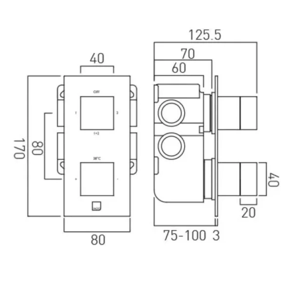 Vado Tablet Notion 1 Outlet 2 Handleconcealed Thermostatic Valve Vertical Chrome technical drawing - Image 4