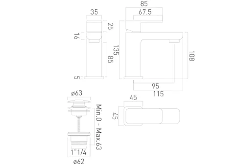 Vado Phase Mini Mono Basin Mixer Single Lever Deck Mounted With Universal Waste Chrome technical drawing - Image 2