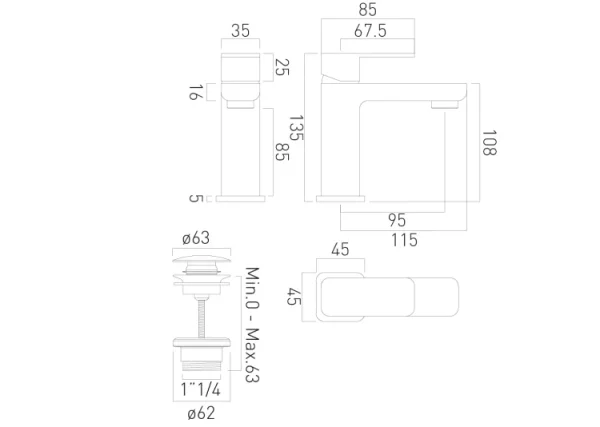 Vado Phase Mini Mono Basin Mixer Single Lever Deck Mounted With Universal Waste Chrome technical drawing - Image 2