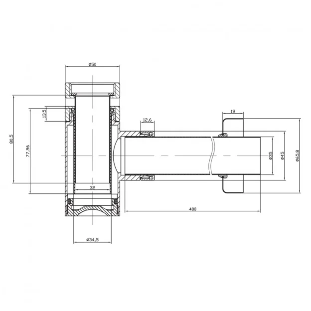 Crosswater Bottle Trap Millennium Small 400mm Pipe Chrome technical drawing - Image 3