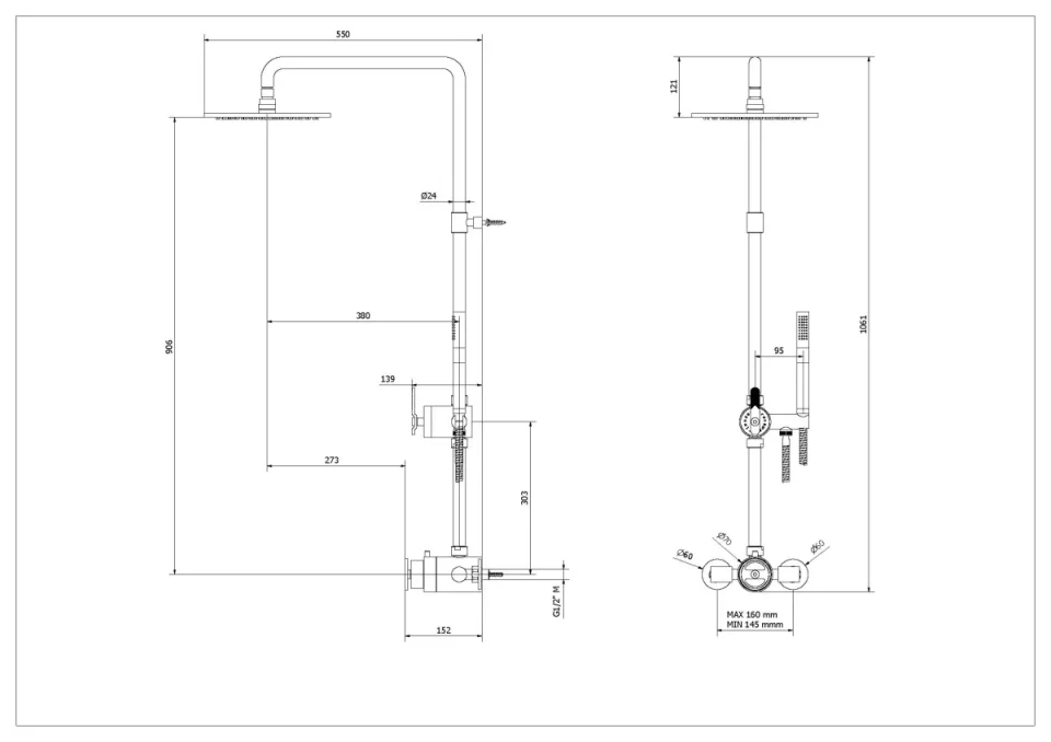 Crosswater Union Exposed Shower Brushed Brass technical drawing - Image 2