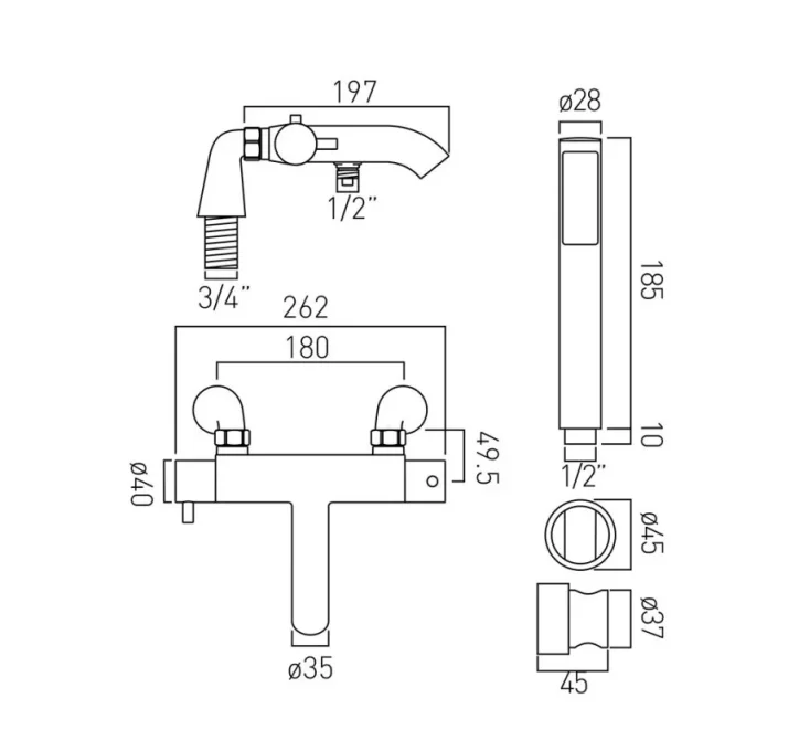 Vado Celsius Pillar Mounted 2 Hole Thermostatic Bath Shower Mixer With Shower Kit Chrome technical drawing - Image 2