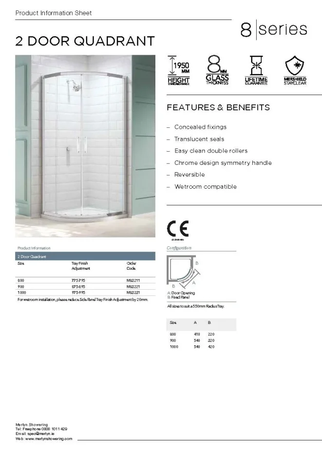 Merlyn 8 Series 2 Door Quadrant 900 X 900mm technical drawing - Image 3