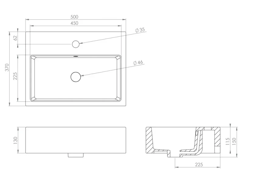 Saneux Matteo 50x37cm Washbasin 1th - Matte White technical drawing - Image 2