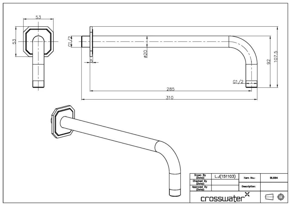 Crosswater Traditional Shower Arm Chrome technical drawing - Image 3