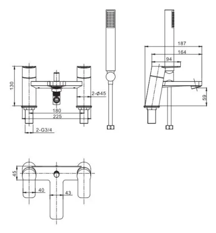 Crosswater Zero 6 Bath Shower Mixer Tap with Shower Kit Chrome technical drawing - Image 2