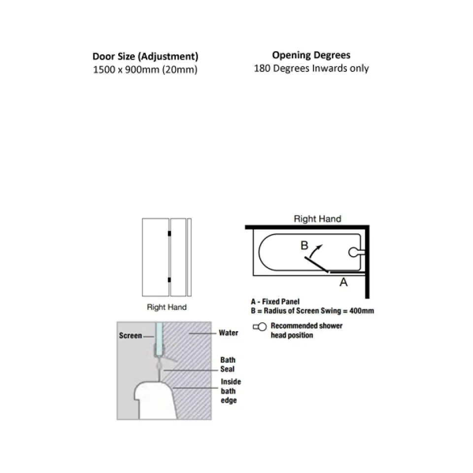 Merlyn 2 Panel Hinged Bathscreen - Right Hand 900 X 1500mm technical drawing - Image 5