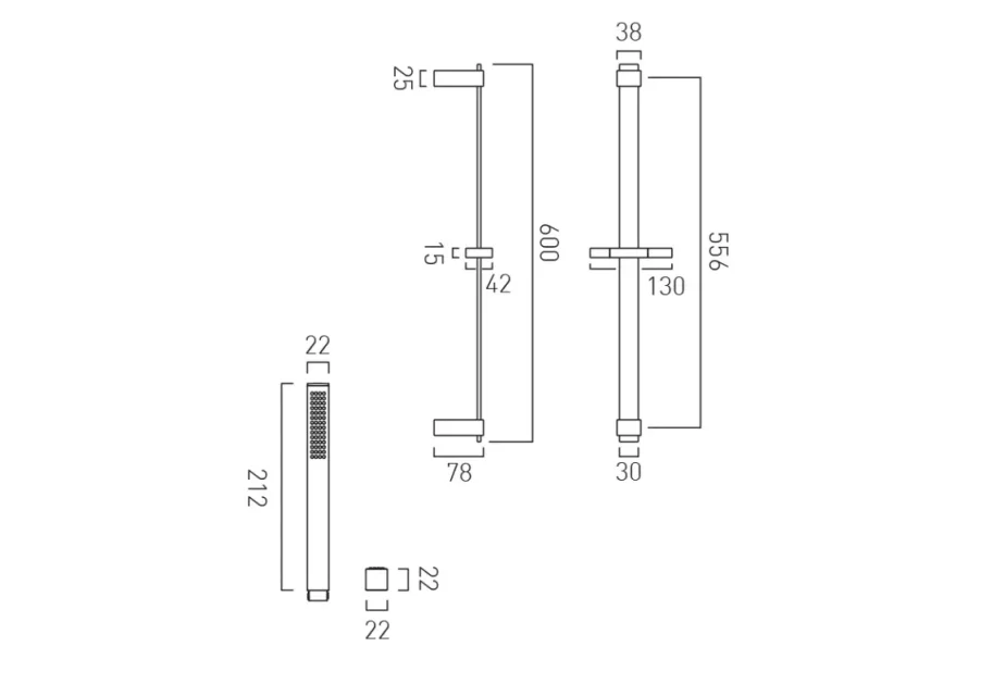 Vado Individual Square Slide Rail Shower Kit With Single-function Shower Handset 600mm Slide Rail And Hose Brushed Nickel technical drawing - Image 2