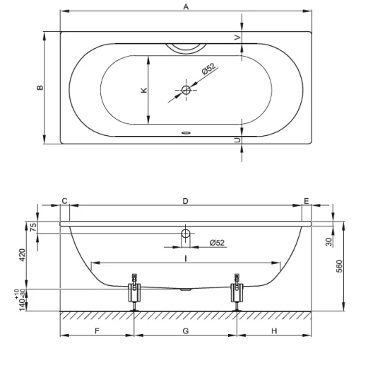 Bette Starlet 1750 800mm White technical drawing - Image 2
