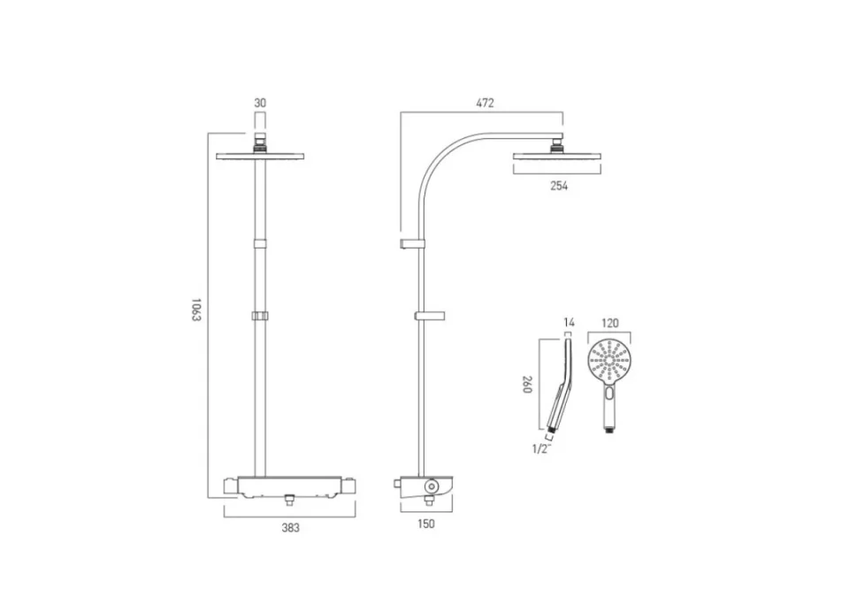 Vado Strata Showering Column With Thermostatic Shower Shelf Valve, Saturn Round Shower Head And Nebula Round 3 Function Showering Handset Chrome technical drawing - Image 3