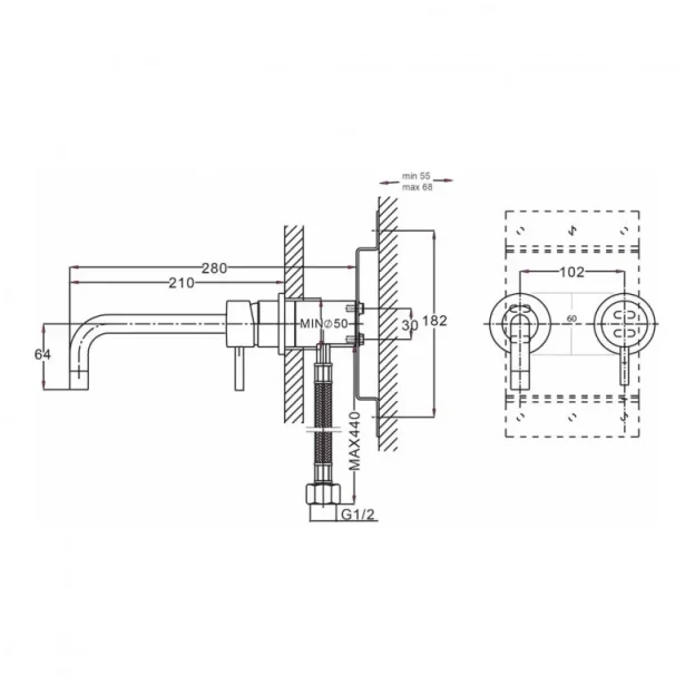Crosswater Kai Lever Basin 2 Hole Set Wall Mounted Chrome technical drawing - Image 3