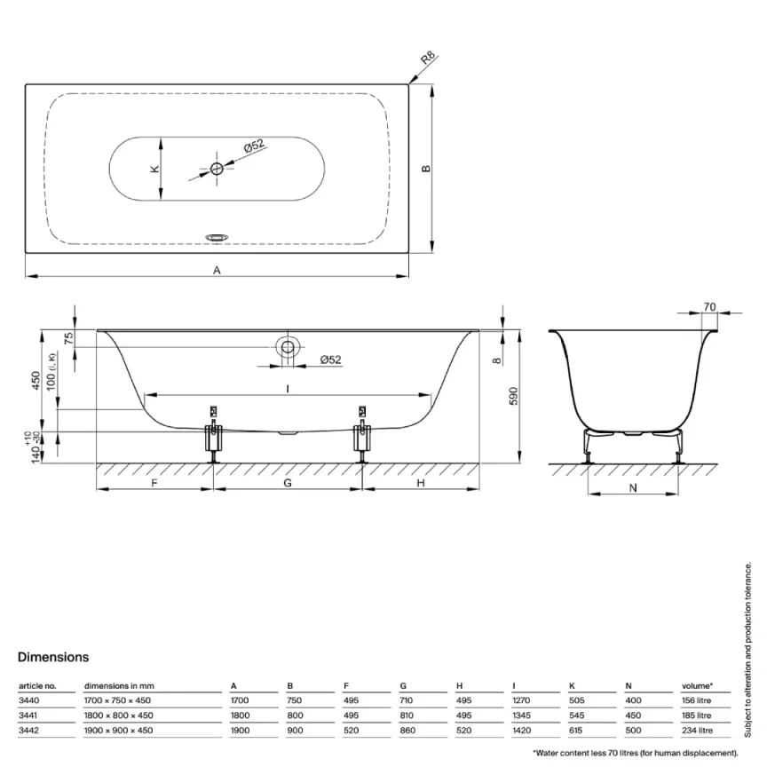 Bette Lux Double Ended Bath with Overflow White (Feet Included) - Image 6