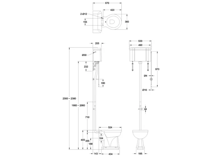 Burlington High Level Close Coupled Toilet with Dual Flush Cistern, Chrome Flush Pipe & Ornate Brackets (Seat Sold Separately) - Image 4