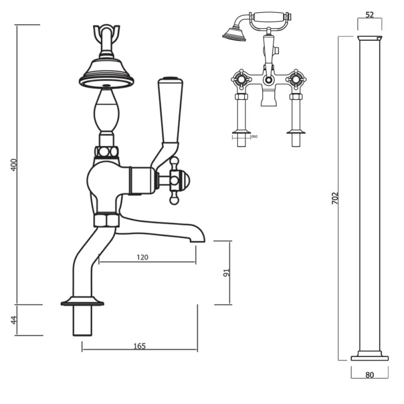 Crosswater Belgravia Traditional Crosshead Bath Shower Mixer Tap with Leg Set Unlacquered Brass - Image 2