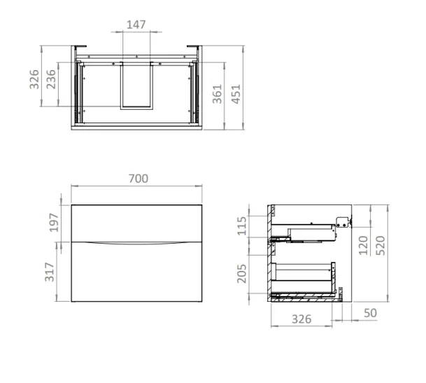 Crosswater Glide II 700mm Wall Mounted 2 Drawer Vanity Unit with Ceramic Basin Steelwood - Image 2