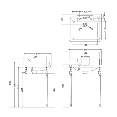 Burlington Edwardian 610 2TH Basin and Chrome Stand technical drawing - Image 2
