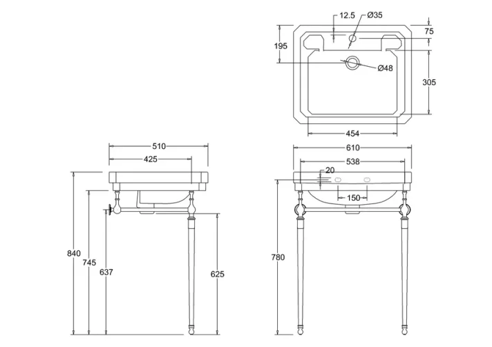 Burlington 61cm Basin Wash Stand Chrome technical drawing - Image 2