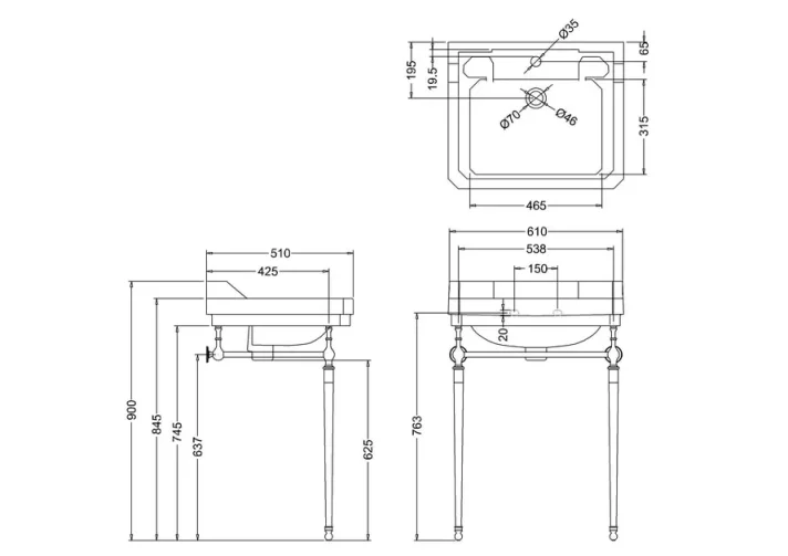 Burlington Edwardian 610 1TH Basin and Chrome Stand technical drawing - Image 2