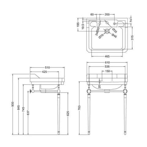 Burlington Edwardian 610 3TH Basin and Chrome Stand technical drawing - Image 2