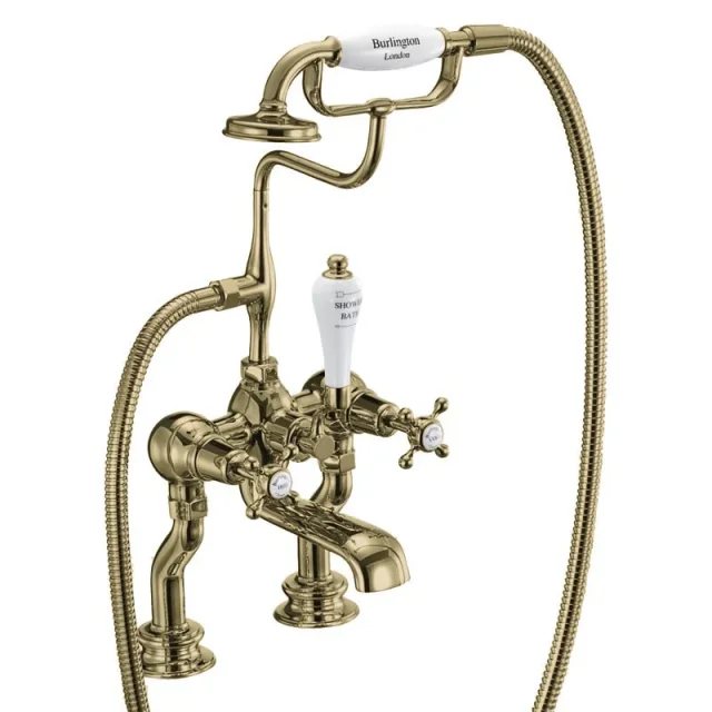 Burlington Claremont Qt Regent Deck Bath Mixer Gold detail view - Image 1