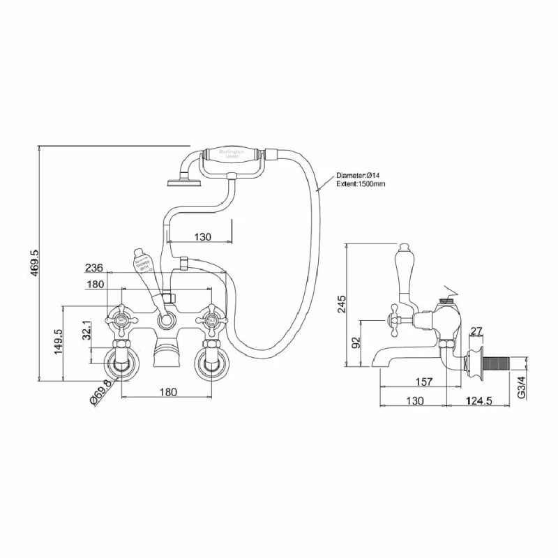 Burlington Claremont Qt Regent Wall Bath Mixer Gold detail view - Image 2