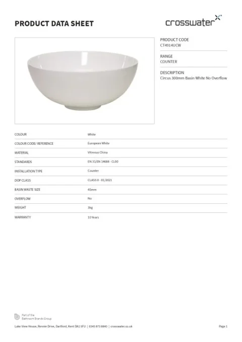 Crosswater Circus Counter Basin 300 No Overflow White detail view - Image 3