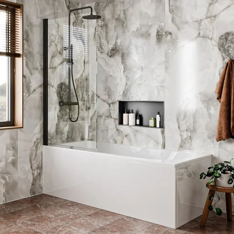 Crosswater 6mm Hinged Bath Screen 800 Matt Black detail view - Image 4