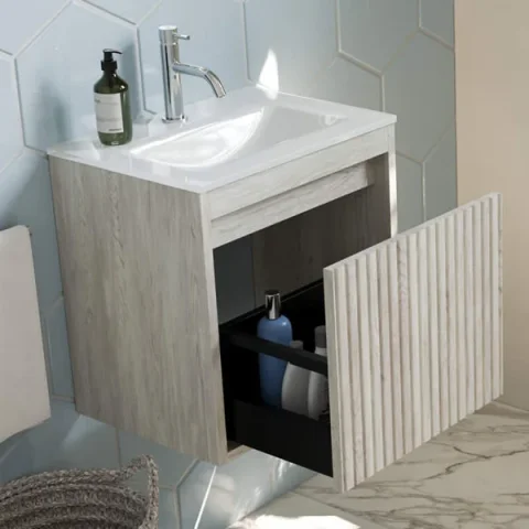 Crosswater Flute 1 Drawer Wall Hung Unit Navarra Oak detail view - Image 3