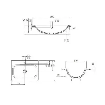 Britton Camberwell 600mm Basin 1 Tap Hole White detail view - Image 3