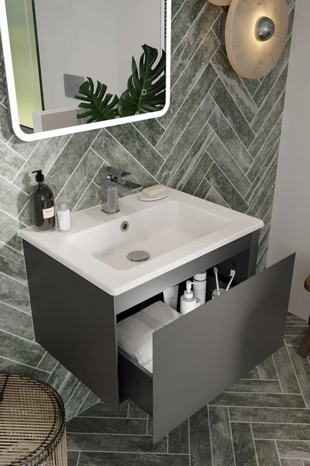 Saneux Uni 60cm 1 Drawer Wall Mounted Unit - Matte Anthracite detail view - Image 1