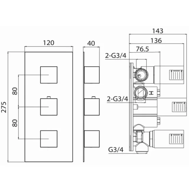 Saneux Tooga 3 Way Thermostatic Shower Valve Kit In Landscape - Matte Black detail view - Image 2