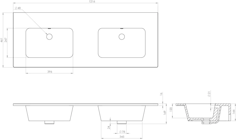 Saneux Uni 120x47cm 2 Bowl Washbasin 0th detail view - Image 2