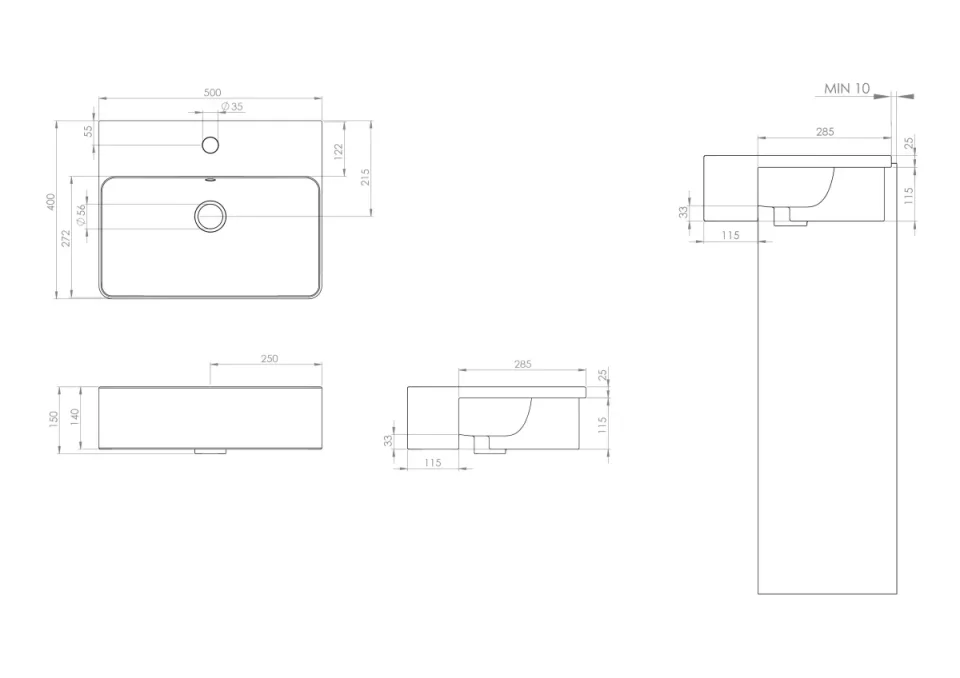Saneux Sienna 50x40cm Square Semi-recessed Washbasin 1th detail view - Image 2