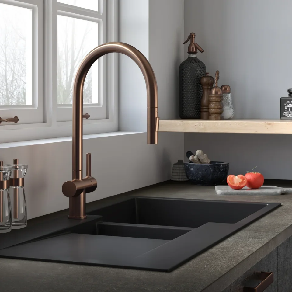 Just Taps Vos Pull Out Sink Mixer Brushed Bronze detail view - Image 2