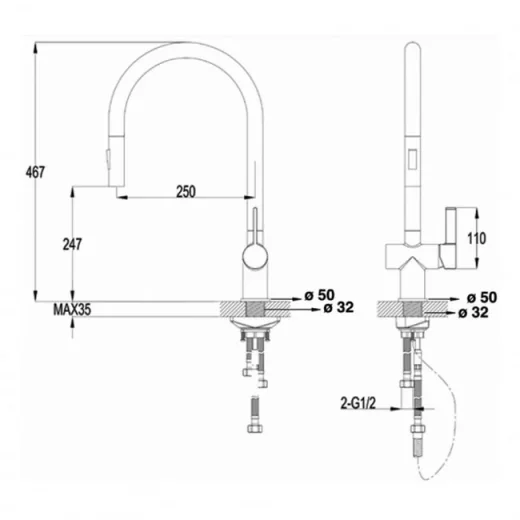 Just Taps Vos Pull Out Sink Mixer Brushed Bronze detail view - Image 3