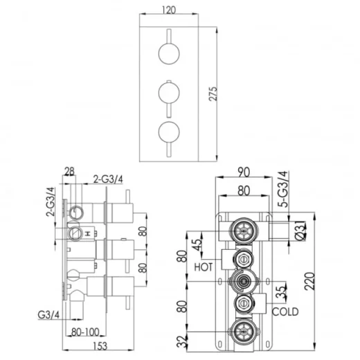 Just Taps Vos 3 Outlet Thermostatic Concealed Valve Vertical Brushed Bronze detail view - Image 2