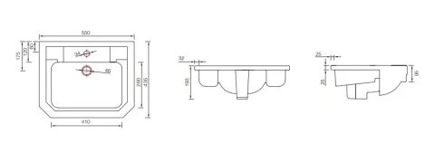 Roper Rhodes Harrow Semi-countertop Basin 1 Tap Hole technical drawing - Image 2