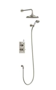 Burlington Trent Two Outlet Thermo Valve With Wall Outlet, Hose, Handset Fixed Arm 9" Airburst Head Brushed Nickel