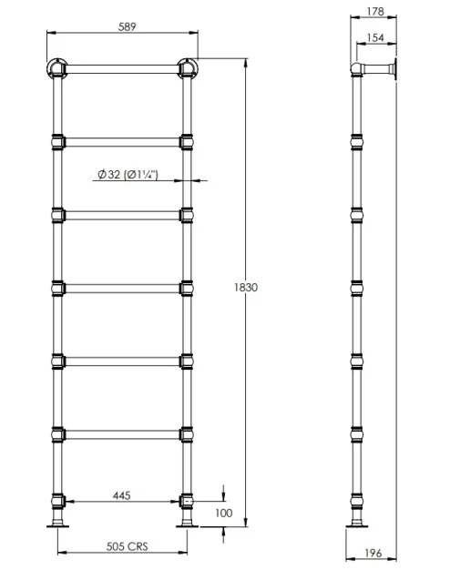 Lefroy Brooks Edwardian Ladder Towel Rail 183x59cm - Nickel technical drawing - Image 2