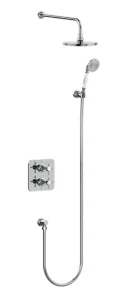 Burlington Guild Square Thermostatic Two Outlet Concealed Divertor Shower Valve Fixed Shower Arm & Head, Holder & Handset With Hose And Outlet Elbow Brushed Nickel