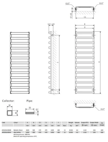 Crosswater Air Towel Warmer 500 x 1630 Brushed Brass detail view - Image 2