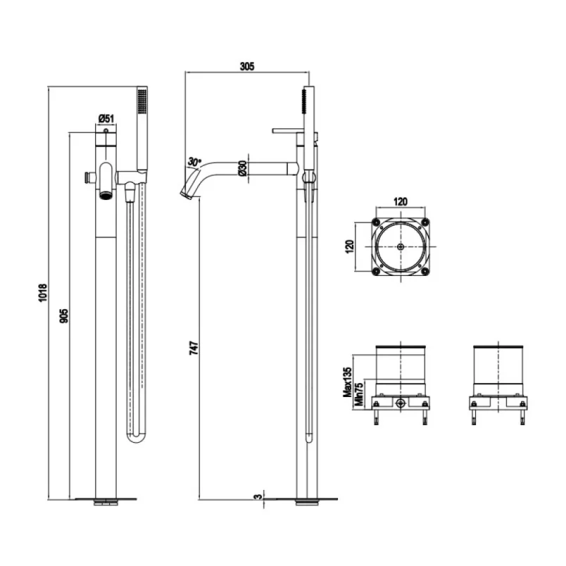Crosswater 3ONE6 Lever Bath Floor Standing Filler Stainless Steel detail view - Image 2