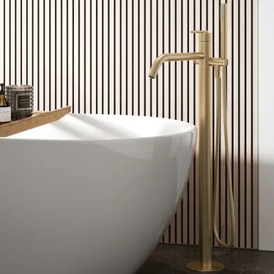 Crosswater 3ONE6 Lever Bath Floor Standing Filler Stainless Brushed Brass Effect detail view - Image 2