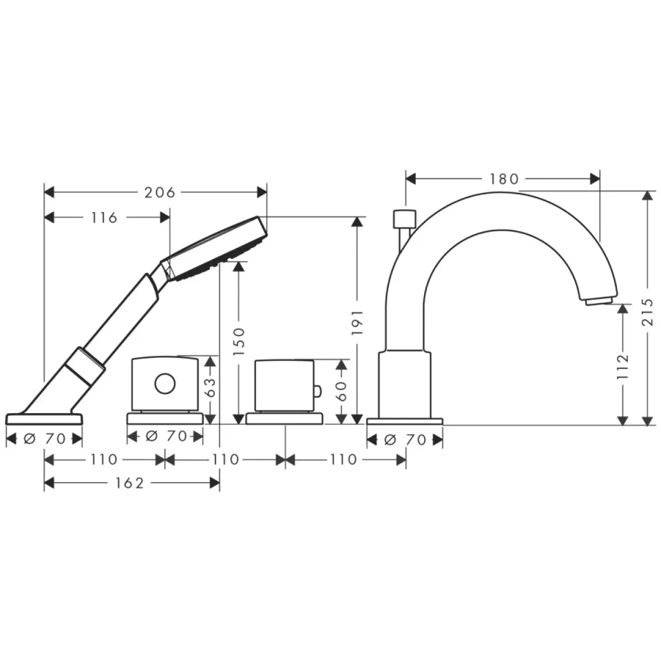 Axor Hansgrohe Uno 4 Hole Deck Mounted Thermostatic Bath Shower Mixer Tap Chrome - Image 3