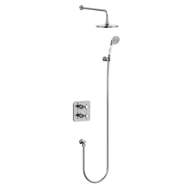 Burlington Guild Square Thermostatic Two Outlet Concealed Divertor Shower Valve Fixed Shower Arm & Head, Holder & Handset With Hose And Outlet Elbow Chrome